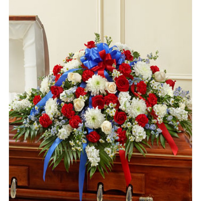 FUNERAL FLOWERS :: CASKET SPRAYS :: Blue and White Casket Spray