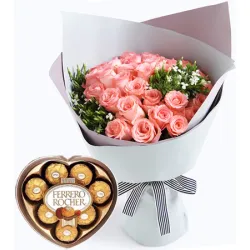 24 pink rose bouquet with ferrero heart shaped box to manila