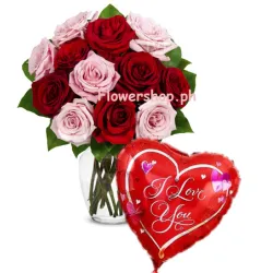 12 Pink & Red Rose vase with Love You Balloon Send to Dhaka