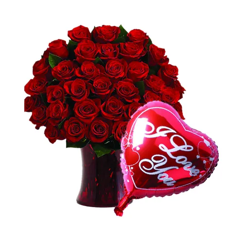 36 Red Roses In Vase With Love You Balloon