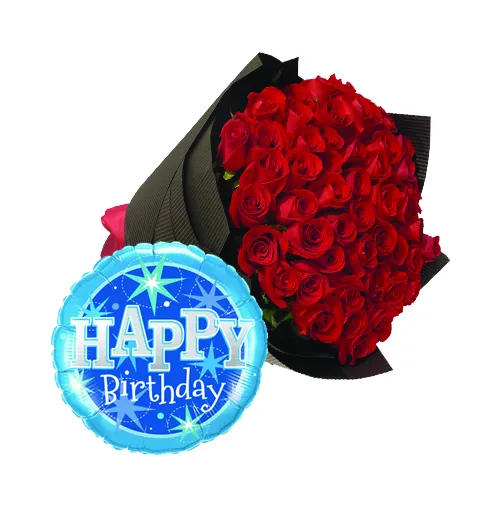 48 Red Roses With Birthday Mylar Balloon