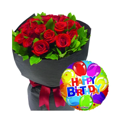 Order 24 Red Roses in Bouquet with Happy Birthday Mylar Balloon to Manila