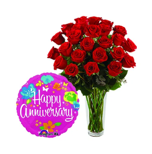 24 Red Roses in Vase With Anniversary Mylar Balloon