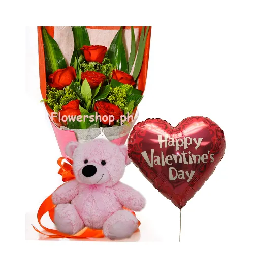 6 Red Roses,Pink Bear with Valentine Balloon Send to Philippines