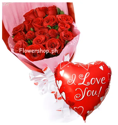 24 Red Roses with Love You Balloon Send to Philippines