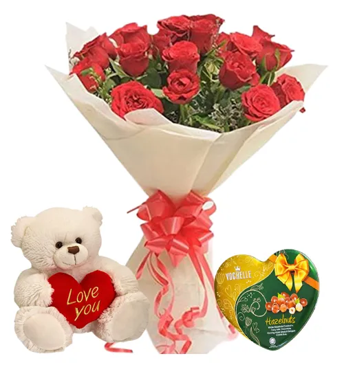 24 Red Roses With Vochelle Cranberries Chocolate & Cute Small Bear