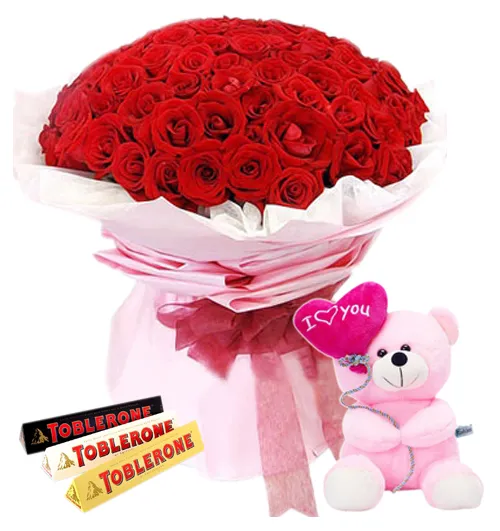 36 Red Roses With Toblerone 3 Varieties Chocolate & Small Bear