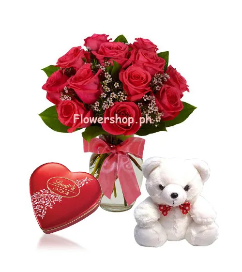 6 Red Rose Vase,Small White Bear with Lindt Chocolate Box Send to Philippines