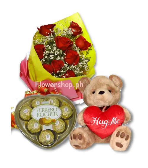 Red Rose bouquet,Ferrero Chocolate Box with Bear send to philippines