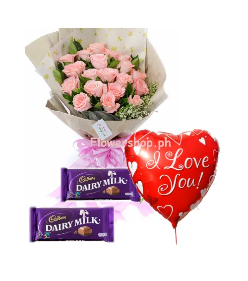 12 Pink Roses,Cadbury Chocolate with Love You Balloon Send to Philippines