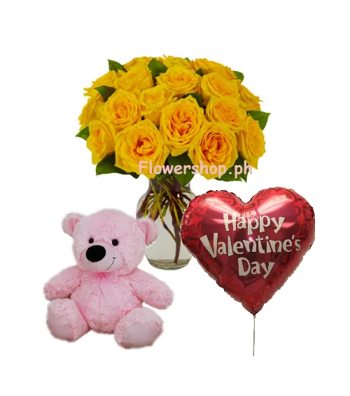 12 Yellow Rose vase,Pink Bear with Valentines Balloon Send to Philippines