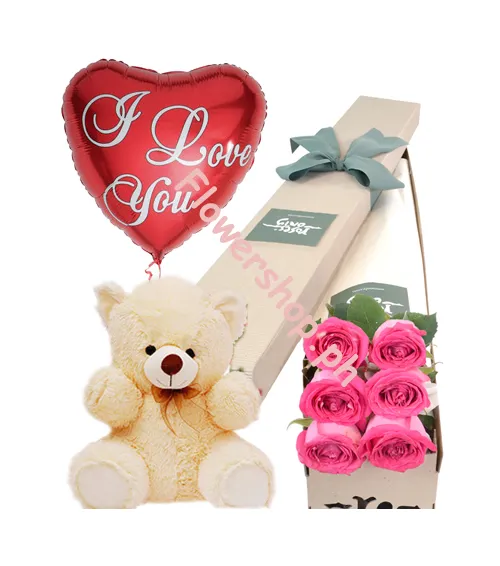 6 Pink Roses Box,Pink Bear with I Love You Balloon Send to Dhaka