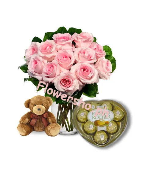 Pink Rose vase,Brown Bear with Ferrero Rocher Send to Philippines