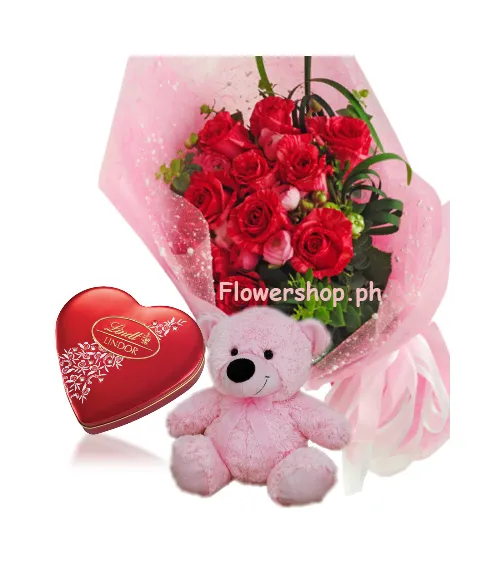 Red Rose bouquet,Pink Bear with Lindt Chocolate Send to Philippines