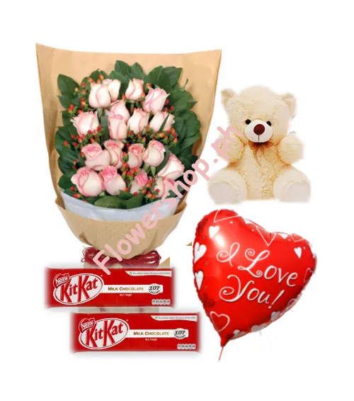 18 Pink Roses Bouquet,Bear,KitKat Chocolate with Balloon Send to Philippines