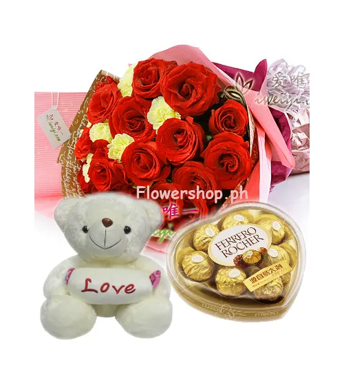 12 Red Roses & yellow carnation Bouquet,Pink Bear with Ferrero box Send to Philippines