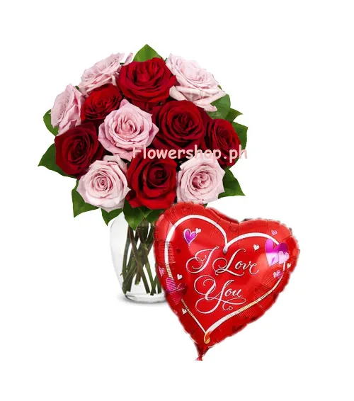 12 Pink & Red Rose vase with Love You Balloon Send to Dhaka