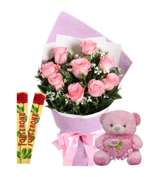 12 Pink Roses With Toblerone Chocolate & Cute Small Pink Bear