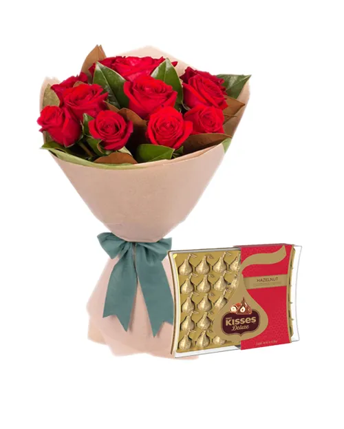 12 Red Roses With Hershey's Kisses Deluxe Chocolate Box