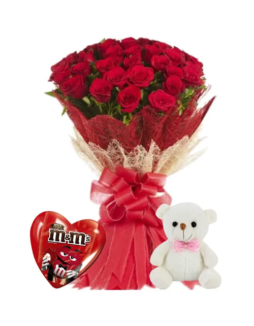 24 Red Roses With M&M Milk Chocolate & Cute Small Bear